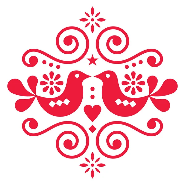 斯堪的纳维亚花卉民间艺术矢量设计 可爱的北欧图案 白色背景上有红鸟 — 图库矢量图片
