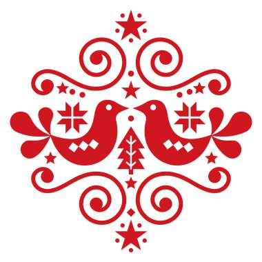 Noel İskandinav halk sanatı çizimi, Noel ağaçları, kuşlar ve çiçeklerle süslü çiçek deseni. 