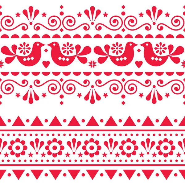 北欧民俗シームレスベクトル長いパターン 白の背景に赤で鳥と繰り返し花かわいい北欧デザイン — ストックベクタ