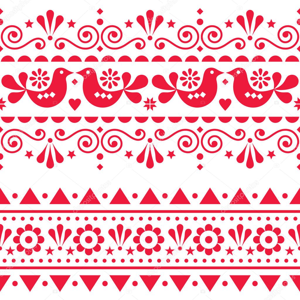 Scandinavian folk seamless vector long pattern, repetitive floral cute Nordic design with birds in red on white background