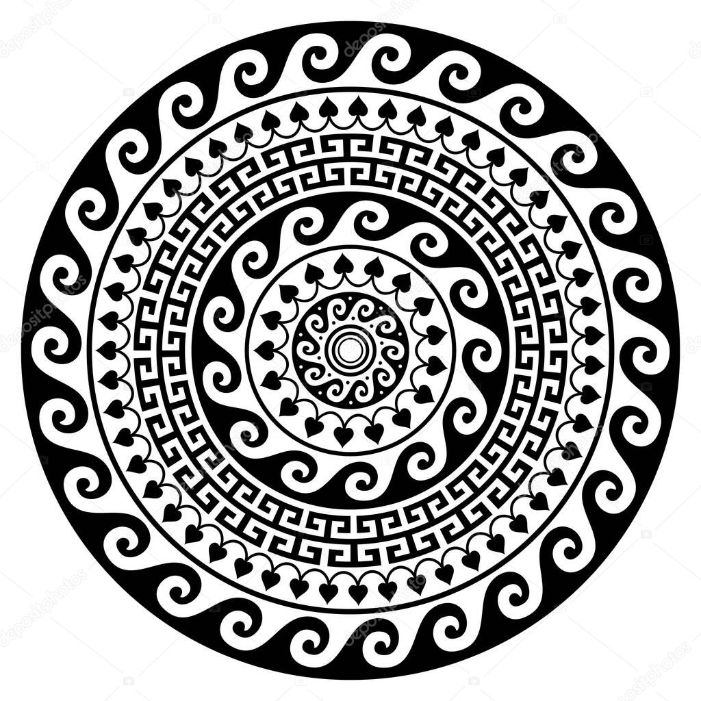 Greek mandala vector design, round key pattern inspired by an art from ancient Greece in black and white
