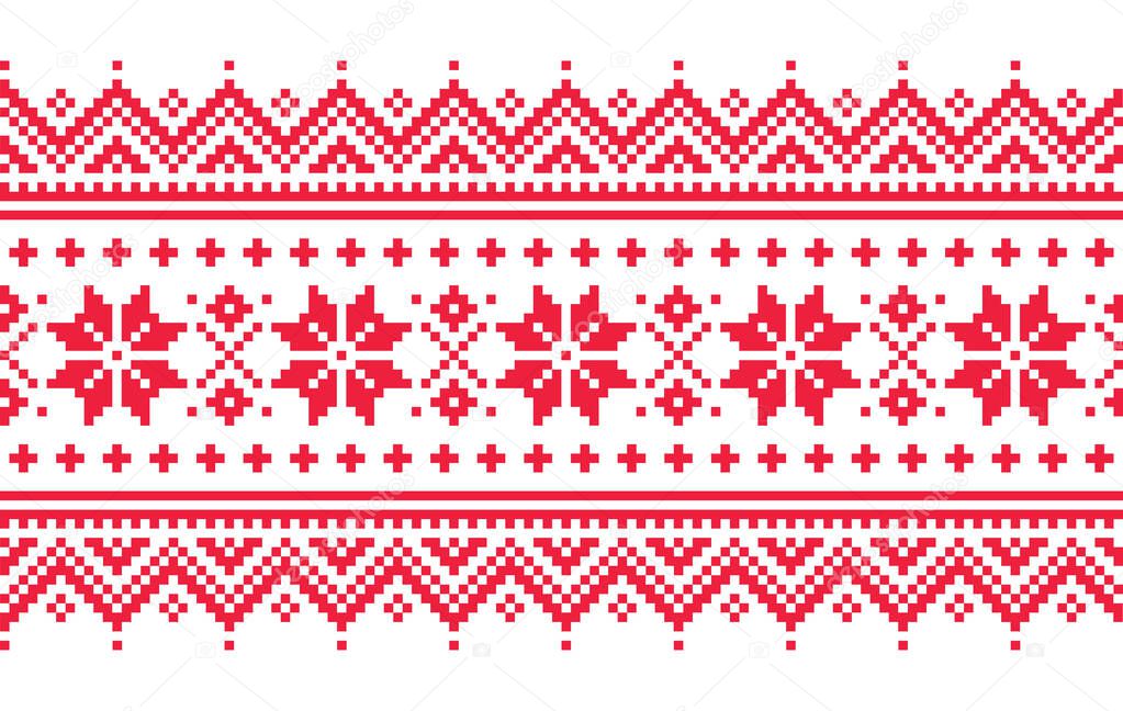 Christmas vector long seamless winter pattern, inspired by Sami people, Lapland folk art design, traditional knitting and embroidery