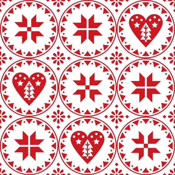 雪の結晶 心とクリスマスツリーと北欧のクリスマスシームレスなベクトルパターン ノルディックフォークアートスタイル — ストックベクタ