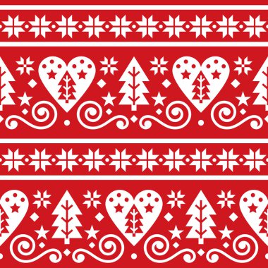 İskandinav Noel halk düzeni kusursuz vektör deseni, tekrar eden şirin İskandinav deseni Noel ağaçları, kar taneleri ve kırmızı arka planda beyaz kalpler.