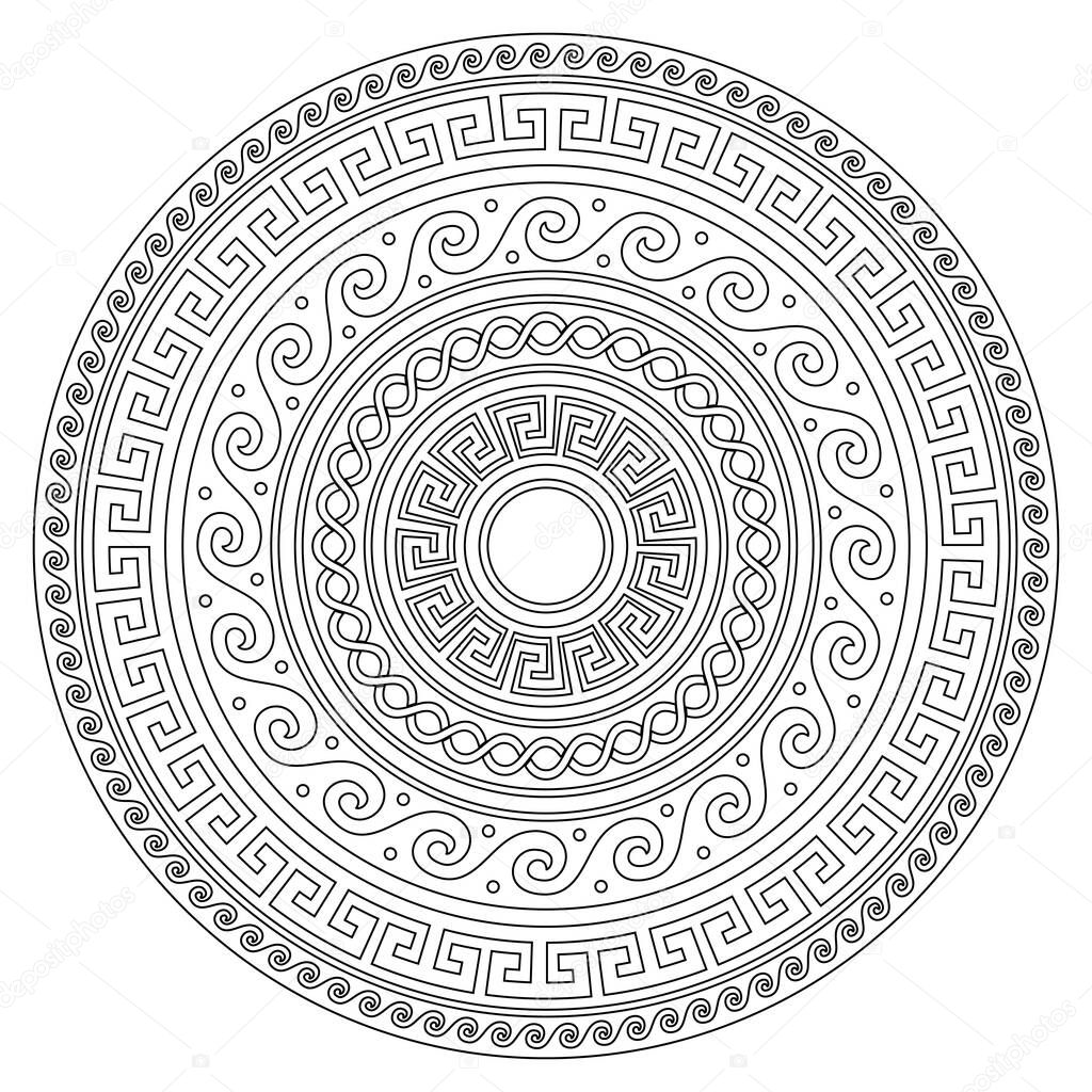 Ancient Greek round key mandala pattern with stroke - meander art in black and white perfect for adults coloring book