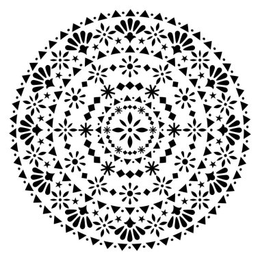 Meksika vektör mandala tasarımı, tek renkli halk sanatı desenli çiçekler ve Meksika halk sanatından esinlenilmiş soyut şekiller.
