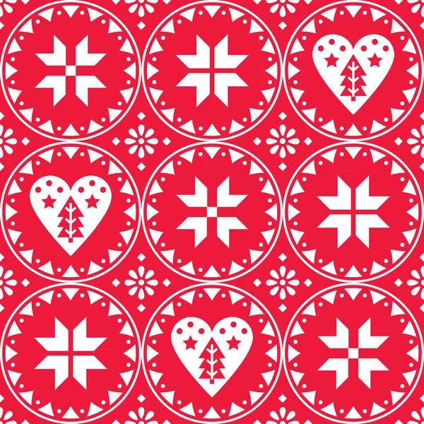 雪の結晶 心とクリスマスツリーと北欧のクリスマスシームレスなベクトルパターン ノルディックフォークアートスタイル — ストックベクタ