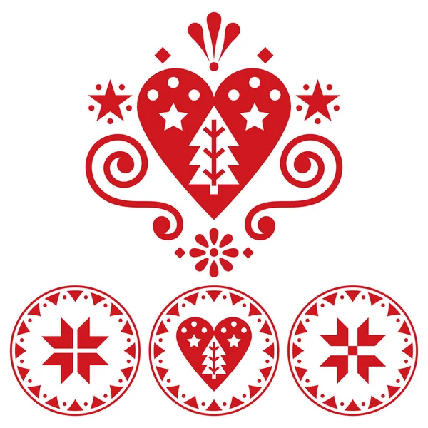 クリスマス スカンディナヴィアの民俗芸術ベクトルデザイン ハート 雪片とクリスマスツリーとシングルパターンコレクション — ストックベクタ
