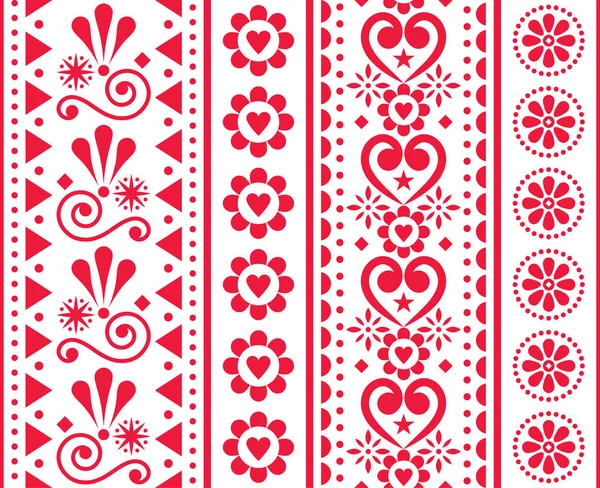 バレンタインデーベクトルシームレス垂直パターン 花と心を持つ北欧の伝統的な刺繍民俗芸術スタイル — ストックベクタ