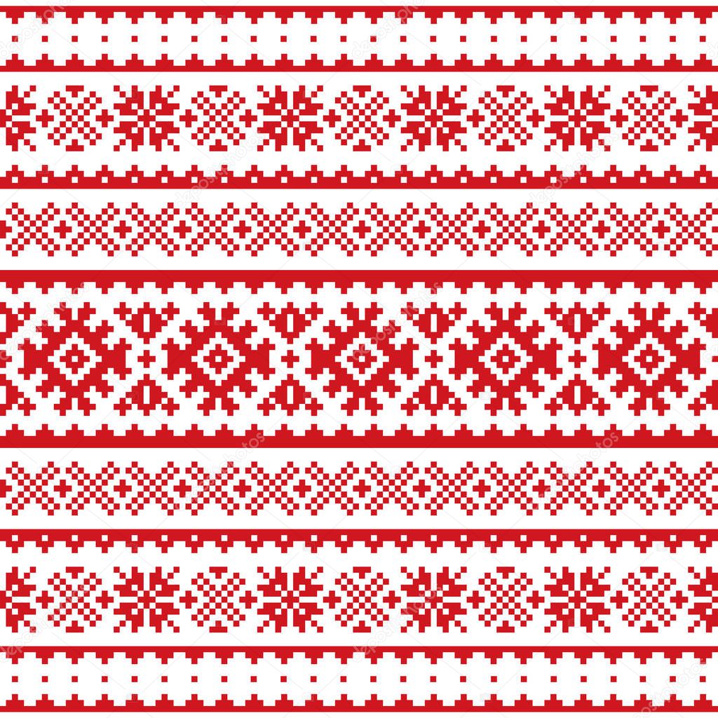 Christmas, winter vector seamless pattern, Sami people, Lapland folk art design, traditional knitting and embroidery