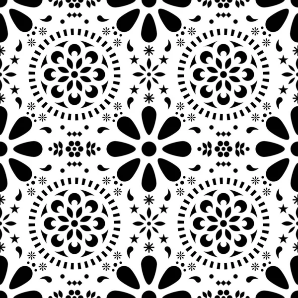 Mexican Floral Vector Seamless Pattern Traditional Folk Art Black White — Stock Vector