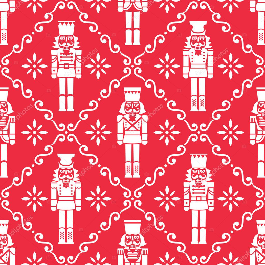Christmas nutcrackers vector seamless pattern - Xmas soldier figurine repetitive white ornament on red, textile design