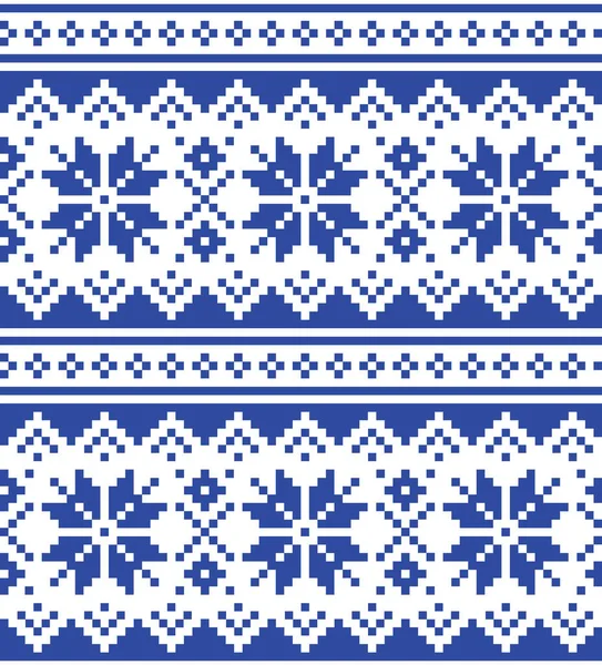 サミ族 ラップランド民俗芸術デザイン 伝統的な編み物や刺繍に触発された雪の結晶とクリスマスの冬のベクトルシームレスネイビーブルーパターン — ストックベクタ
