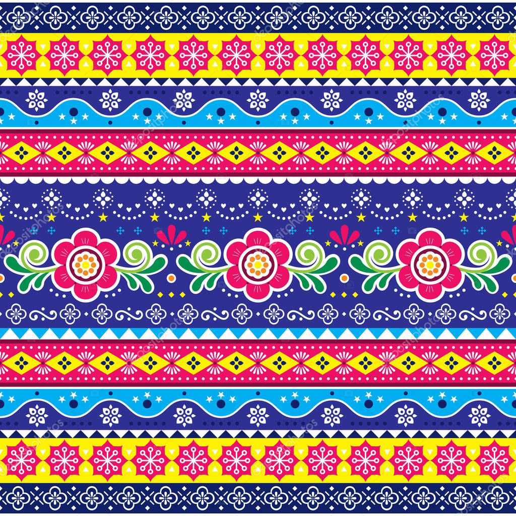 Pakistani or Indian truck art vector seamless pattern, repetitive design with flowers, leaves and abstract shapes  