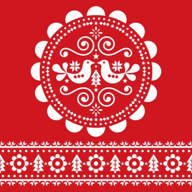 Noel İskandinav beyaz ve kırmızı folklor tasarımı seti - yuvarlak ve pürüzsüz festival tasarımı, kuşlar ve kar taneleriyle süslü sevimli çiçek süsü