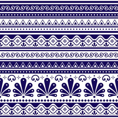 Talavera Poblana vektör kusursuz desen beyaz arka planda donanma mavisi geleneksel Meksika dekoratif çömlek ve seramiklerinden esinlenilmiştir