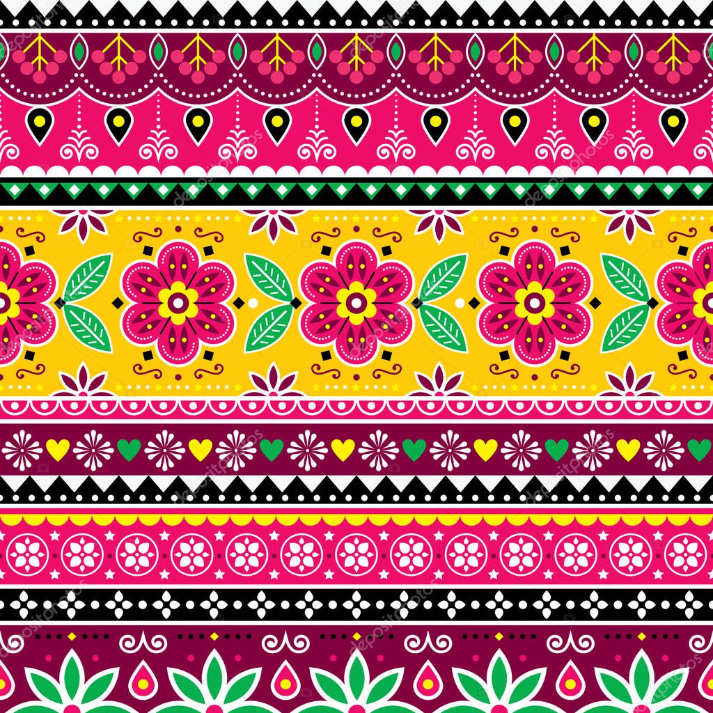 Indian or Pakistani truck art inspired seamless folk art pattern, Indian Jingle trucks vector design, traditinal ornament with flowers, leaves and abstract shapes 