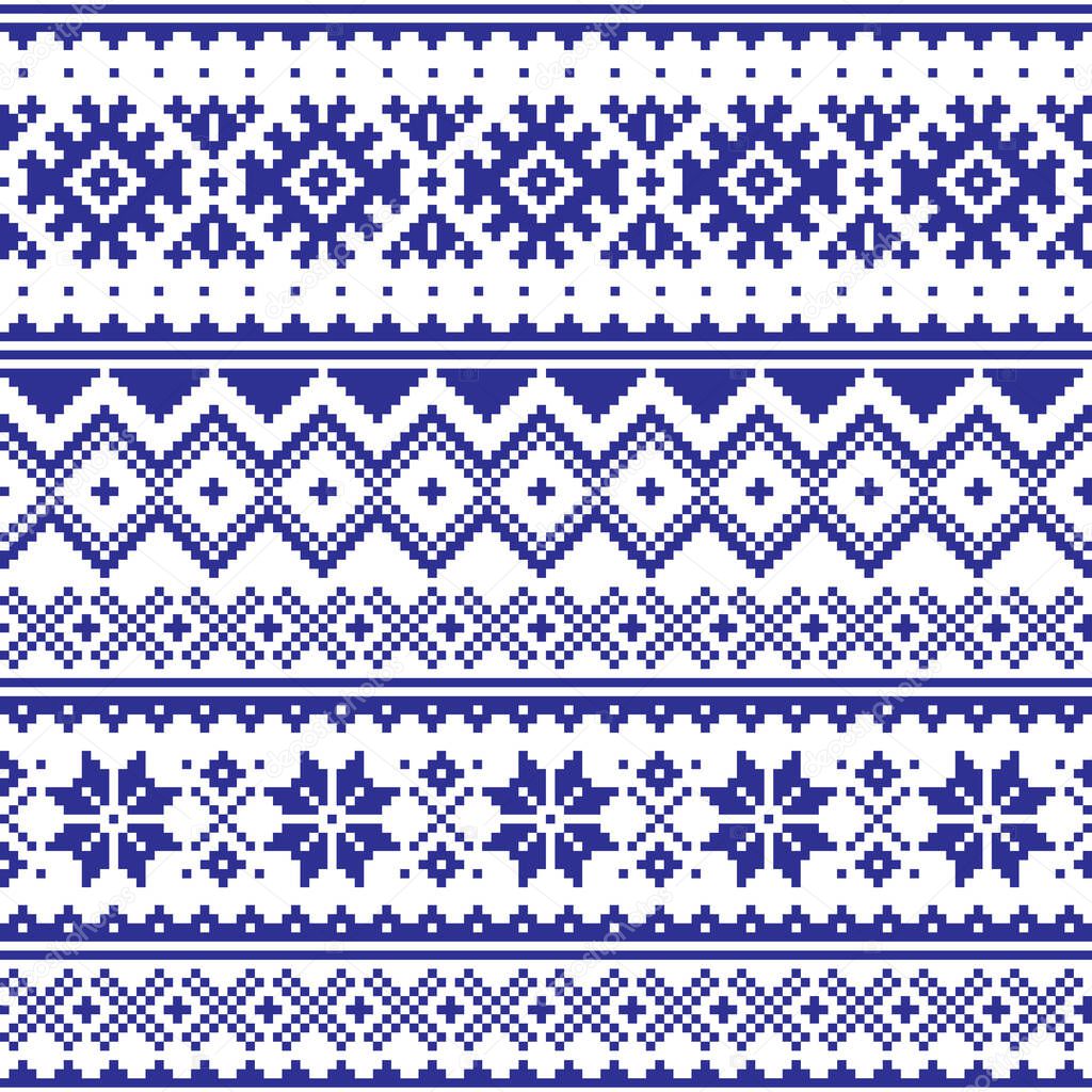 Winter vector seamless navy blue pattern with snowflakes and geometric shapes, Christmas ornament inspired by Sami people, Lapland folk art design, traditional knitting and embroidery