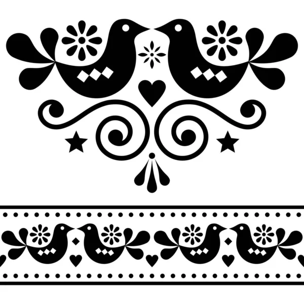 Σκανδιναβικό Λαϊκό Διάνυσμα Στοιχεία Σχεδιασμού Χαριτωμένο Floral Σχεδιασμό Πουλιά Μαύρο — Διανυσματικό Αρχείο