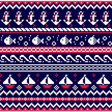 Denizcilik İskoç Fuarı stili geleneksel örgü örme vektörü desenli, çapalı, balıklı ve tekneli yelken tasarımı