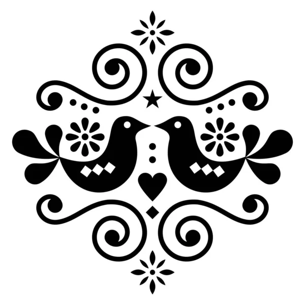 Scandinavian Floral Folk Art Vector Design Cute Nordic Pattern Birds — 스톡 벡터