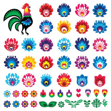 Polish folk art Wycinanki Lowickie vector design elements - flower, rooster, leaves. Perfect for textile patterns or greeting cards clipart