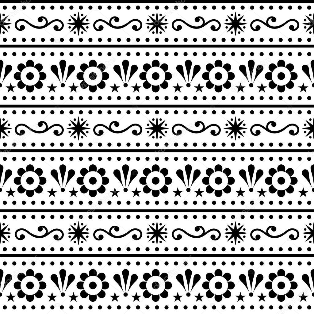 Scandinavian style folk art seamless vector pattern, repetitive floral cute Nordic design in black on white background