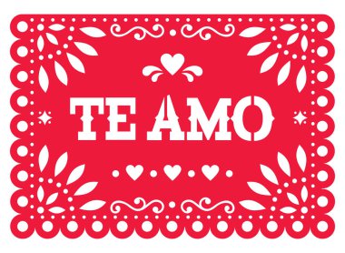 Papel Picado vector template design for Valentine's Day, red Te amo (I love you in Spanish) Mexican paper cut out decoration with flowers and geometric shapes - greeting card or invitation  
