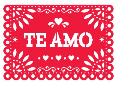 Papel Picado vector template design for Valentine's Day, red Te amo (I love you in Spanish) Mexican paper cut out decoration with flowers and geometric shapes - greeting card or invitation   clipart