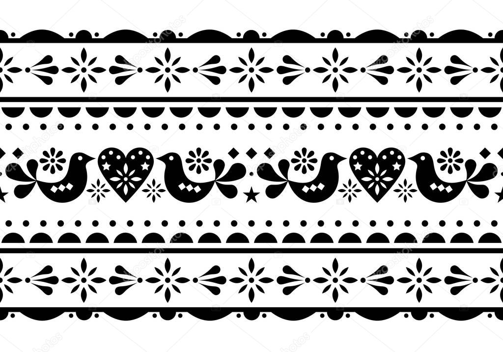 Scandinavian love, Valentine's Day folk art seamless vector long pattern, floral cute Nordic design with birds, hearts and flowers. Scandi style romantic textile design or frame in black on white background 