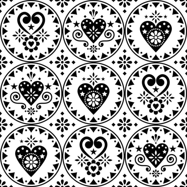 День святого Валентина вектор народного искусства бесшовный узор - монохромный скандинавский стиль дизайна с сердцем и цветами
 