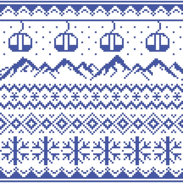 贡多拉斯滑雪和滑雪板矢量无缝图案 美丽岛风格的传统针织物 — 图库矢量图片