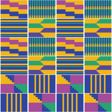 Afrika geometrik Kente kumaş biçimi, kusursuz tekstil vektörü, kabile nwentoma dizaynı sarı, yeşil, mor ve lacivert.