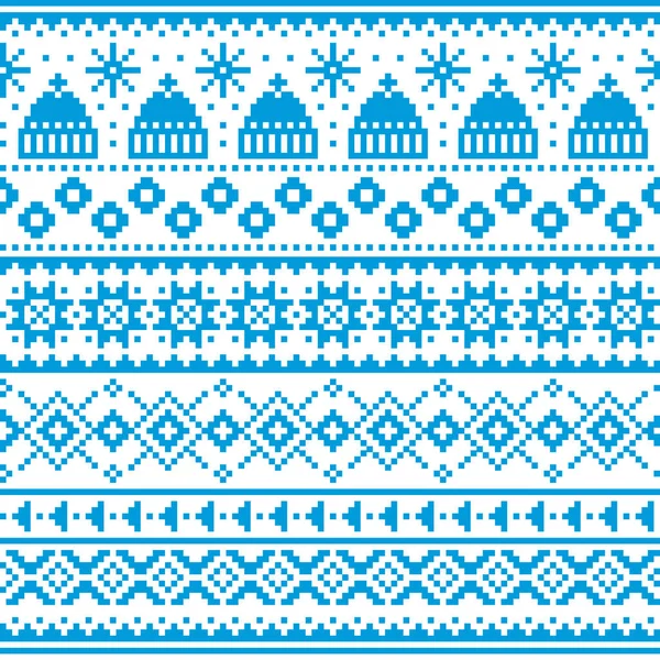 クリスマスフェア島スタイル冬の帽子と雪の結晶と伝統的なニットウェアベクトルシームレスパターン — ストックベクタ