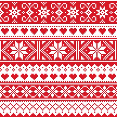 İskoç Fair Isle tarzı geleneksel örgü örme vektör kusursuz desen, retro Shtelands kar taneleri ve kalplerle tekrarlanan dizayn örer. Eski tekstil halk sanatı geçmişi İskoçya 'dan esinlenilmiştir, Büyük Britanya' nın kırmızı ve beyaz desenleri.
