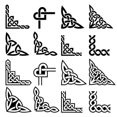 Irish Celtic vector corners design set, braided frame patterns - greeting card and invititon design elements. Retro Celtic collection of corners in black and white, traditional ornaments from Ireland 