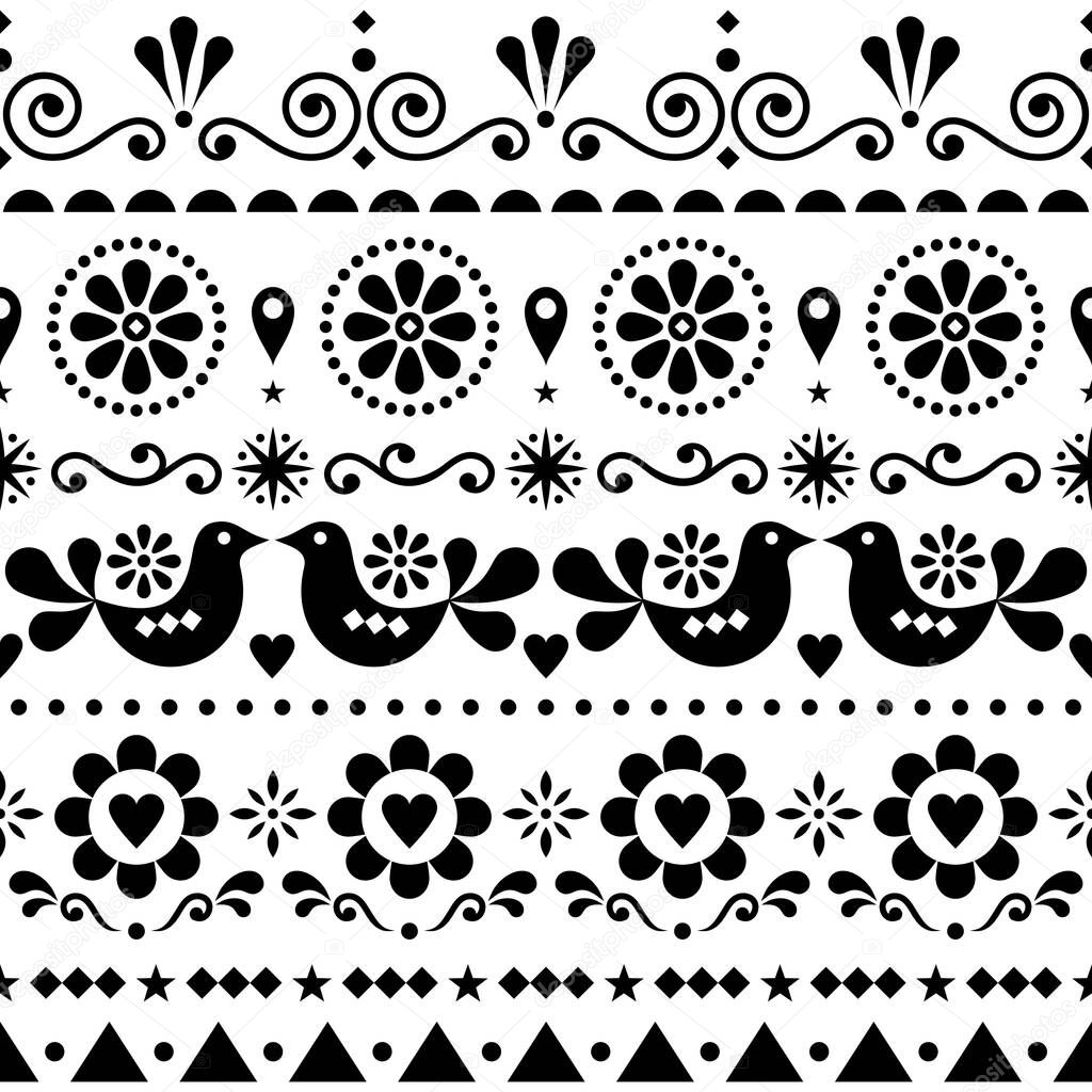 Scandinavian seamless vector pattern folk art style, repetitive cute Nordic design with birds in black on white background