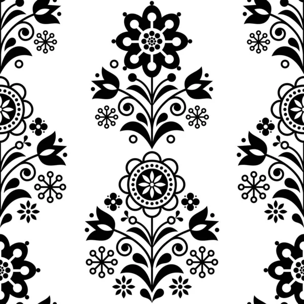 北欧のシームレスな民俗芸術のベクトルパターン 花の黒と白の繰り返しデザイン 花と北欧の装飾 — ストックベクタ