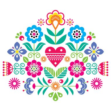 İskandinav halk çiçekleri vektör tasarımı, İsveç, Norveç ve Danimarka 'dan esinlenilmiş geleneksel işlemelerden esinlenen sevimli spiringg çiçek deseni. Beyaz, mutlu doğa süslerine izole edilmiş çiçek motifli Retro renkli halk sanatı dekorasyonu 