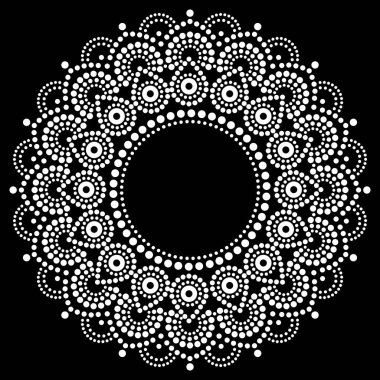 Bohem mandala nokta boyama vektör tasarımı, Aborjin tarzı, Avustralya halk sanatı boho süslemesi siyah arka planda beyaz 