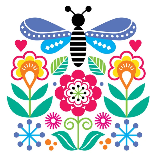 Scandinavische Folk Art Style Bloemen Insectenvector Design Schattige Graden Bloemmotief — Stockvector