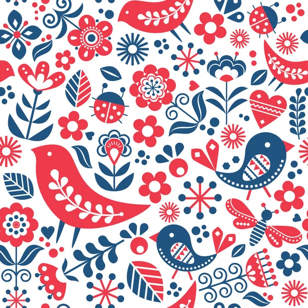 Scandinavische Folk Art Vector Naadloos Patroon Met Vogels Bloemen Spirgend — Stockvector
