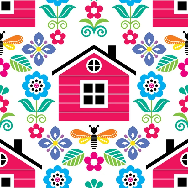Arte Popular Escandinavo Patrón Floral Vector Sin Costuras Con Casa — Vector de stock
