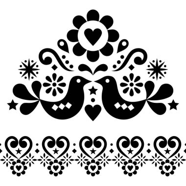 Sevgililer Günü folklor tasarımı tebrik kartı ya da düğün davetiyesi için ayarlandı - kuşların, kalplerin ve çiçeklerin olduğu İskandinav tarzı desenler 
