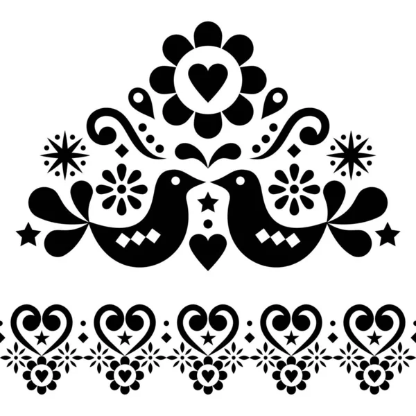 Valentijnsdag Folk Art Vector Ontwerp Set Voor Wenskaart Bruiloft Uitnodiging — Stockvector