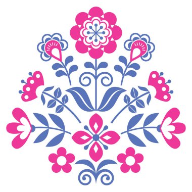 Çiçekli İskandinav halk sanatı, İskandinav halk sanatı modeli, çiçekli İskandinav şirin halk vektör tasarımı, İsveç, Norveç ve Danimarka 'dan esinlenerek yapılan geleneksel nakışlardan esinlenilmiş doğa dekorasyonu