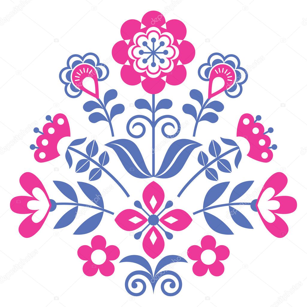 Floral Scandinavian folk art vector pattern, Nordic cute folk vector greeting card design with flowers, nature decoration inspired by traditional embroidery from Sweden, Norway and Denmark