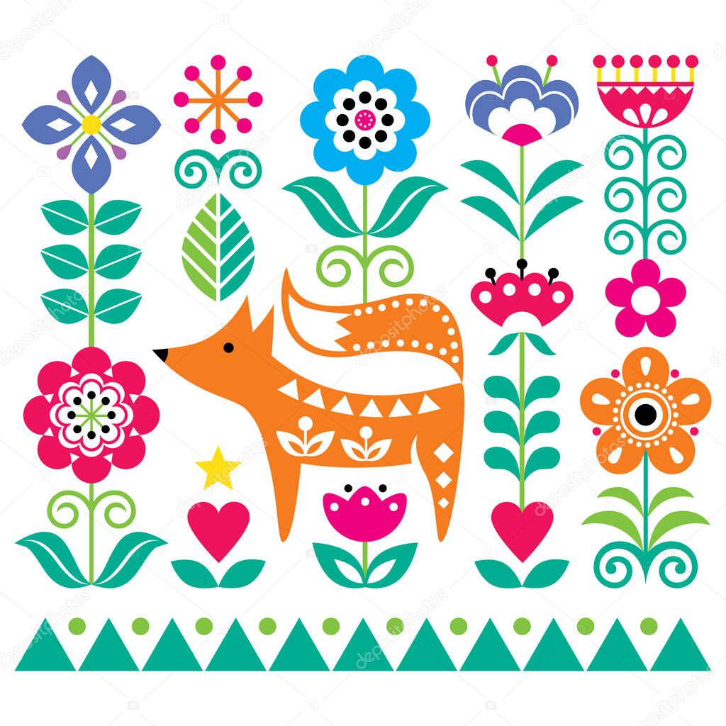 Scandinavian cute folk art vector pattern with flowers and fox, floral greeting card or invitation inspired by traditional embroidery from Sweden, Norway and Denmark