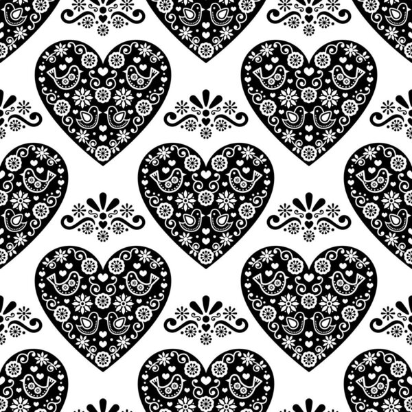 Народный вектор сердца бесшовный шаблон, скандинавский повторяющийся дизайн на День Святого Валентина
