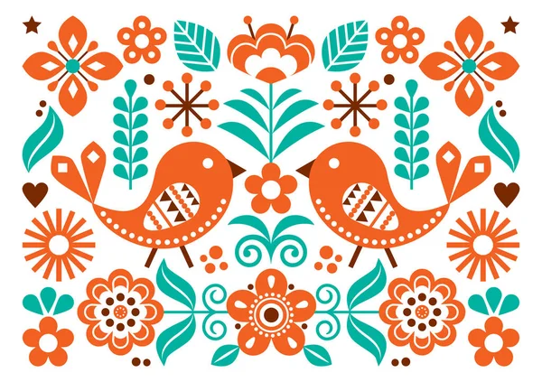 北欧民俗芸術ベクトルかわいい花のパターン グリーティングカードまたは招待鳥とA7形式のデザイン スウェーデン ノルウェー デンマークからの伝統的な刺繍に触発された花 — ストックベクタ